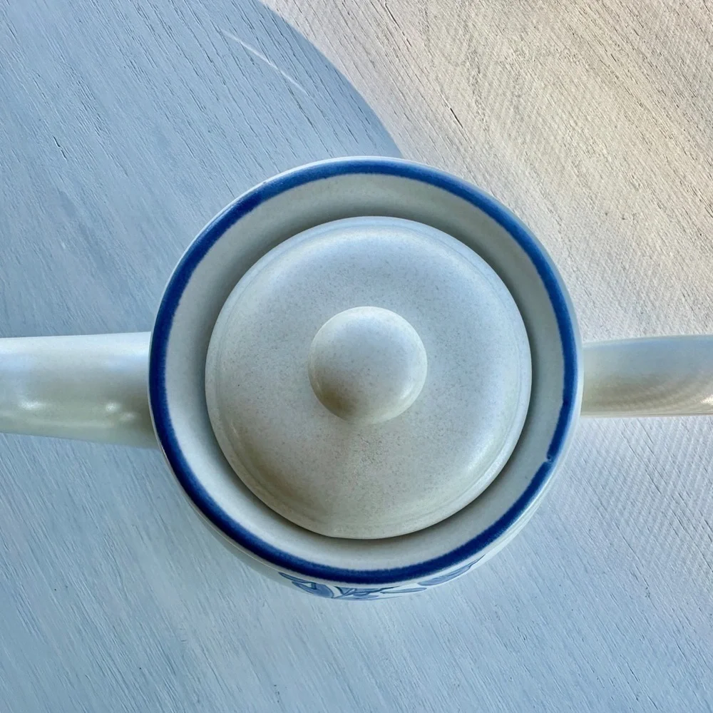 VINTAGE, PFALTZGRAFF, WHITE IRONSTONE TEAPOT WITH BLUE FLORAL PATTERN.